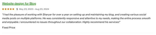 Five-star client review on our Upwork profile.