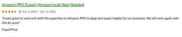 Five-star client review on our Upwork profile.
