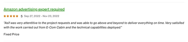 Five-star client review on our Upwork profile.