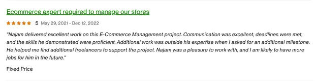 Five-star client review on our Upwork profile.